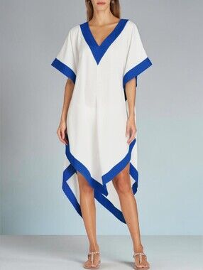Valimare Aria Cover Up White Blue Sharkbite Kaftan Beach Dress L/XL
